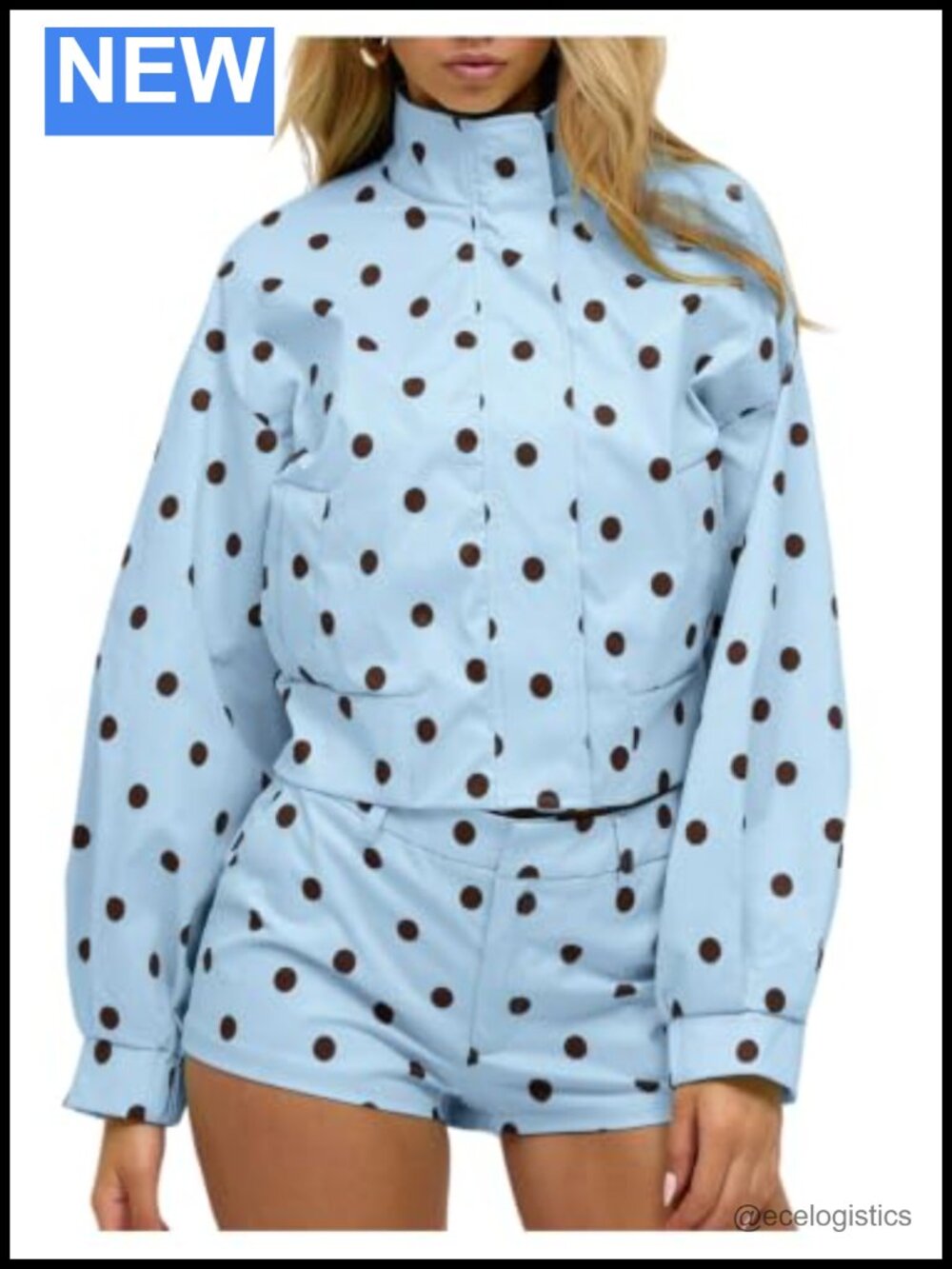 Women's Polka Dot Cropped Jacket Y2K Casual Long Sleeve Stand Neck